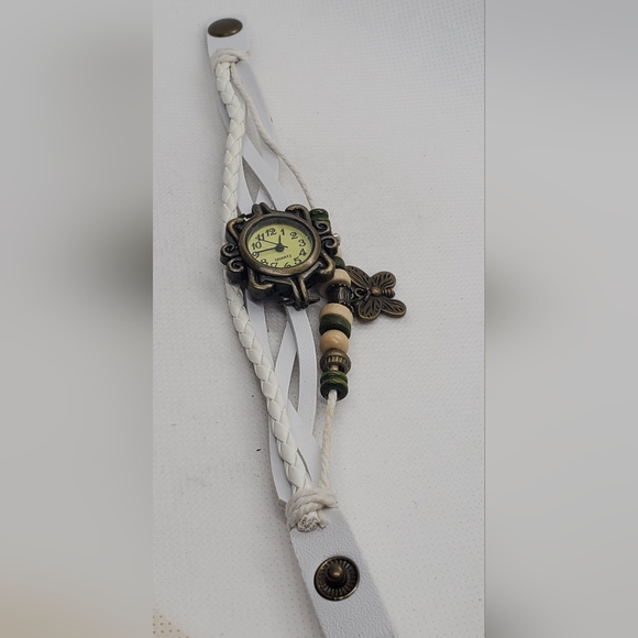 Source Unknown Accessories - Quartz Watch In White Braided Leather Strap with Brass Details
